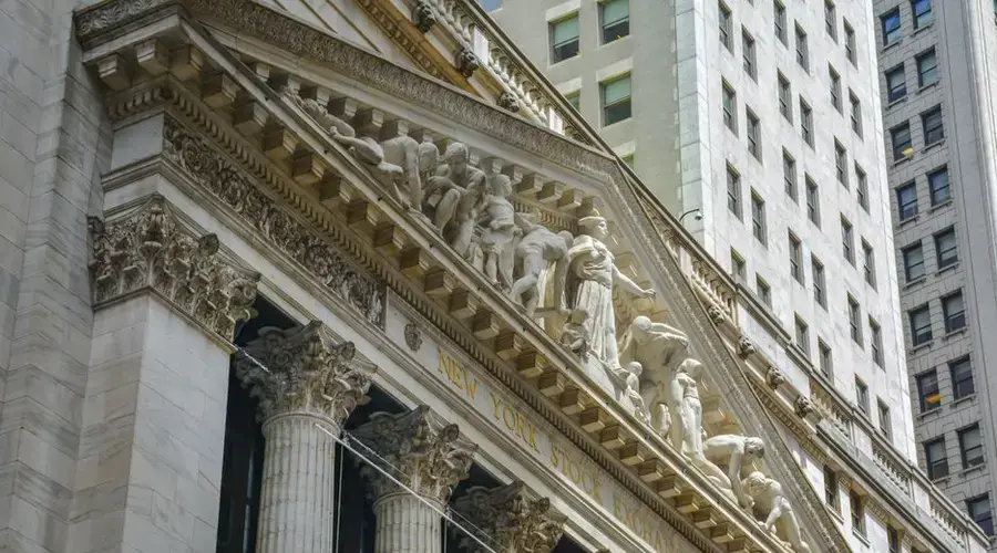 Classic architecture of the New York Stock Exchange facade in NYC.