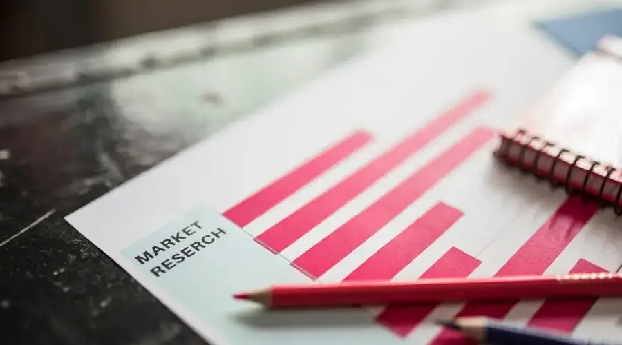 Flat lay image of market research data with graphs and pencils on a desk.