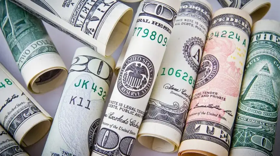 Close-up of rolled US dollar bills symbolizing wealth, financial success, and currency.