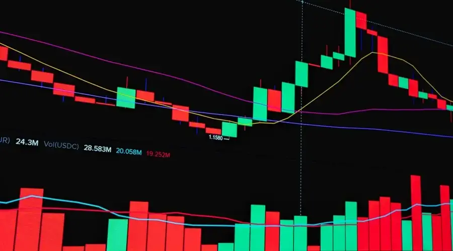 Detailed stock market chart showing trend lines and volume data for financial analysis.