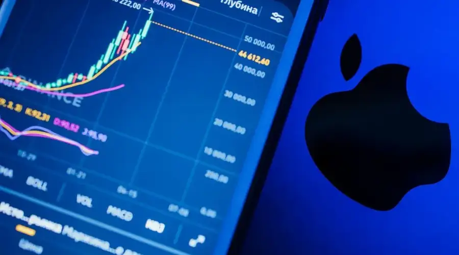 Close-up of a stock market app with charts and branding on a digital device screen.