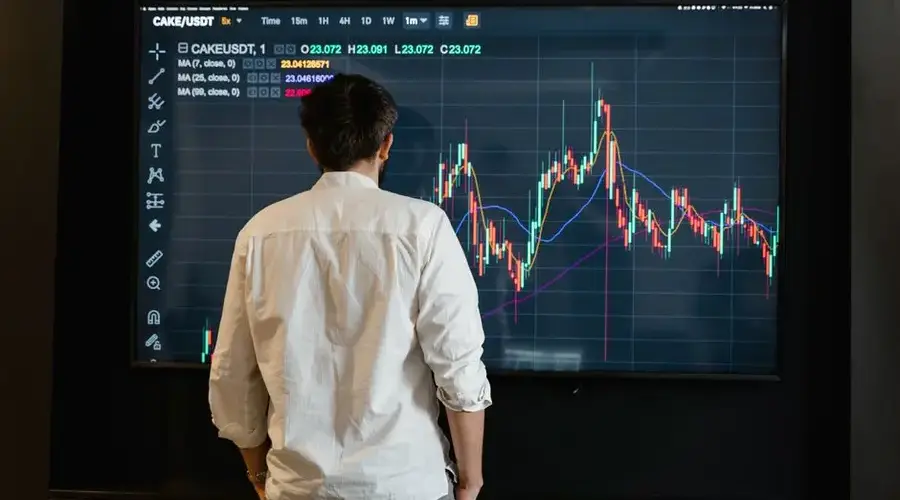 Back view of a trader analyzing cryptocurrency data on a monitor indoors.