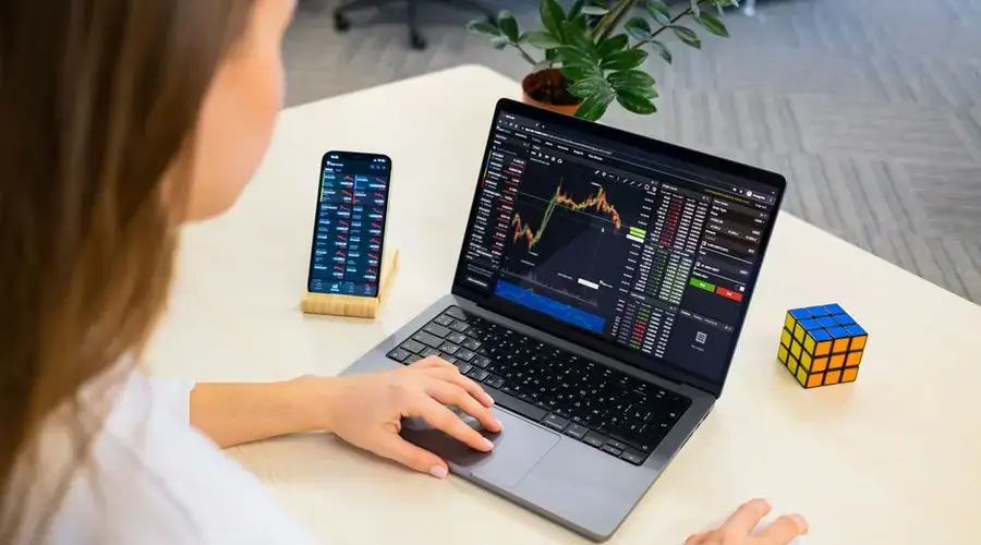 A woman using a laptop for stock trading analysis with a smartphone and Rubik's Cube nearby.