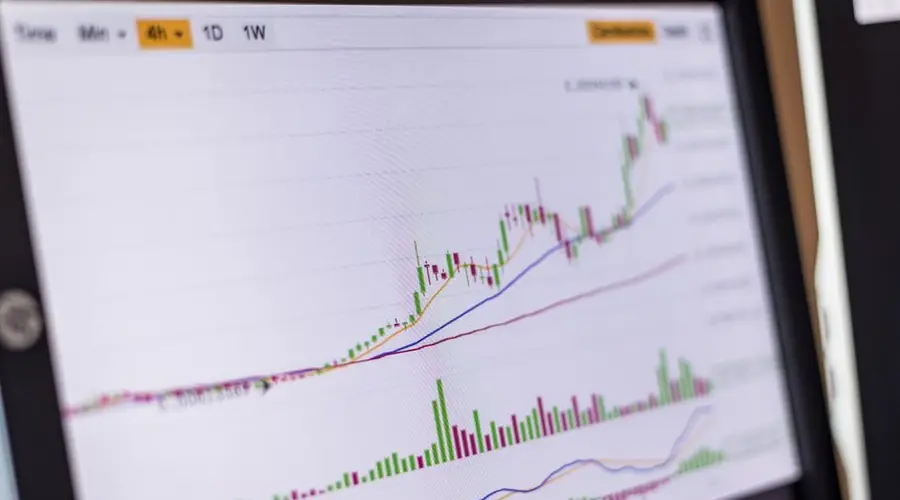 Close-up of a trading screen showing an increasing stock market chart.