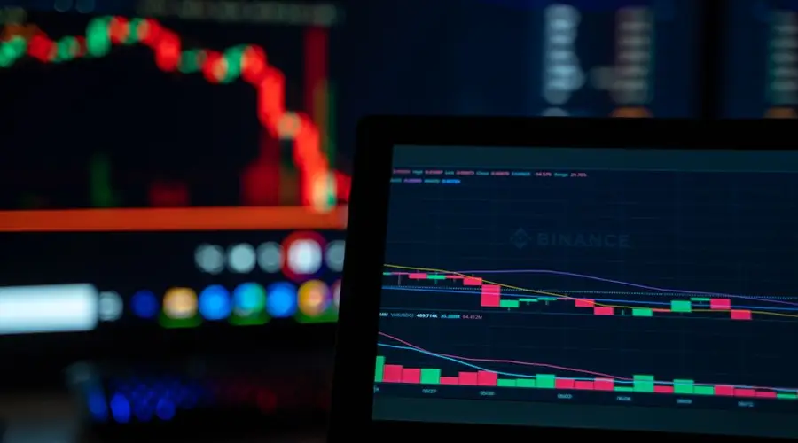 Bright trading screens depict cryptocurrency market trends in a tech setup.