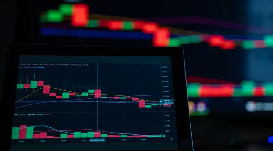 A close-up view of cryptocurrency trading charts showing a bearish trend in a digital market on a computer screen.