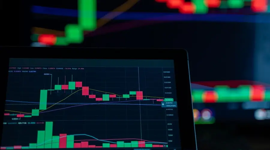 Close-up of a digital trading chart with candlestick patterns and market analysis in a dark setting.