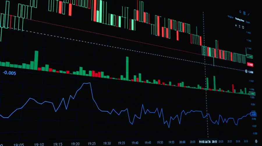 A detailed view of a financial trading graph featuring candlestick and line charts for market analysis.