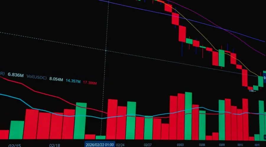 Stock market candlestick chart showing financial data trends with red and green bars.