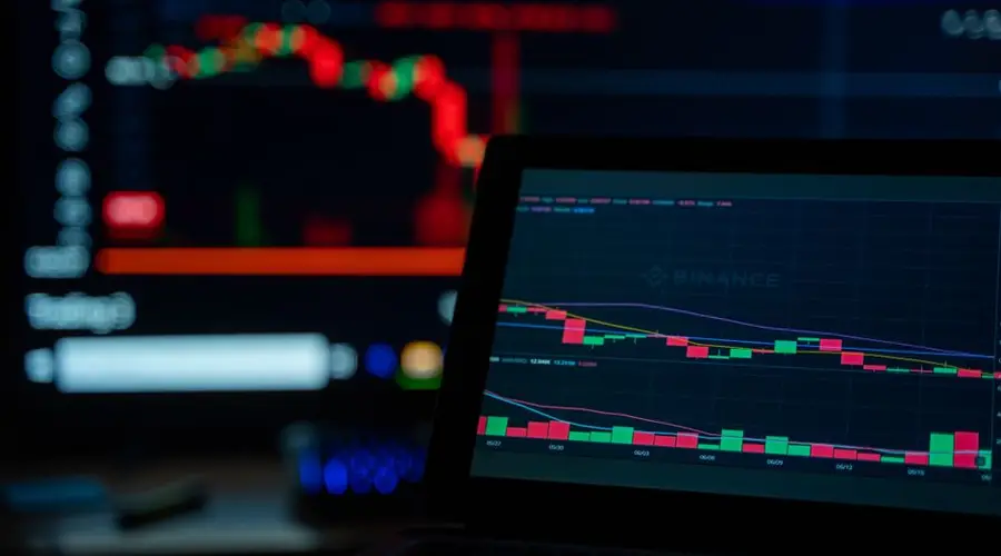 A dimly lit desk setup displaying cryptocurrency trading charts on multiple screens.