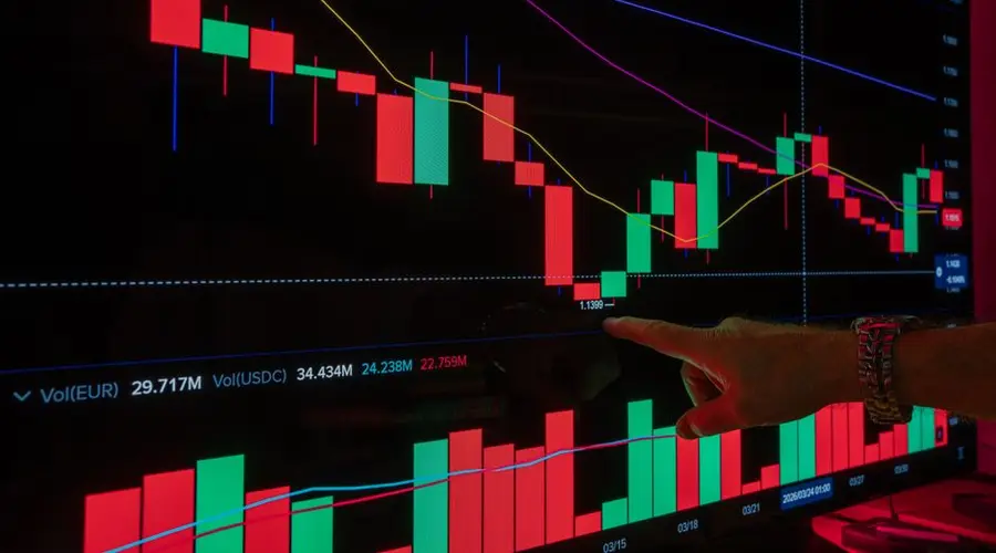 Analyzing financial market trends with a candlestick chart on a digital screen.