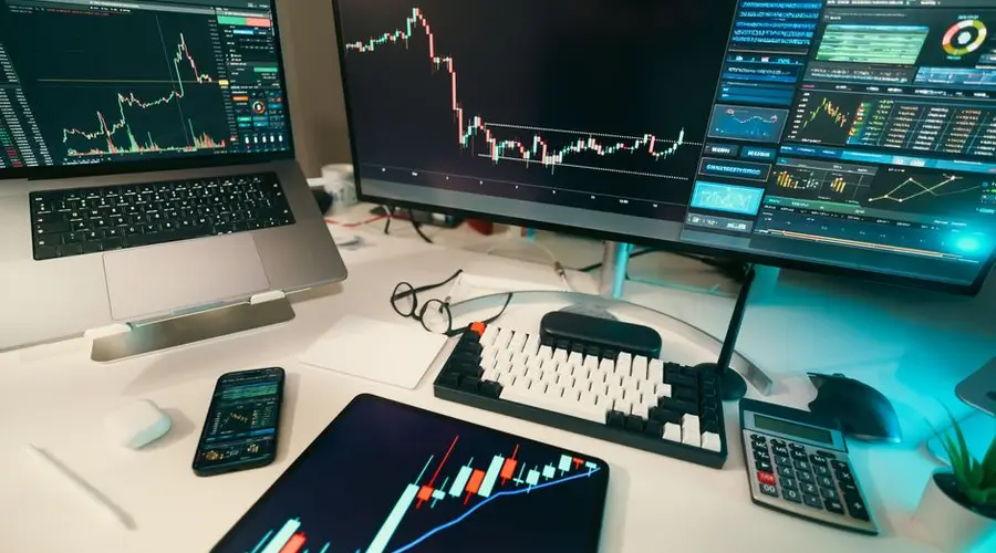 A modern trading desk with screens displaying financial charts and graphs, showcasing a digital analysis setup.