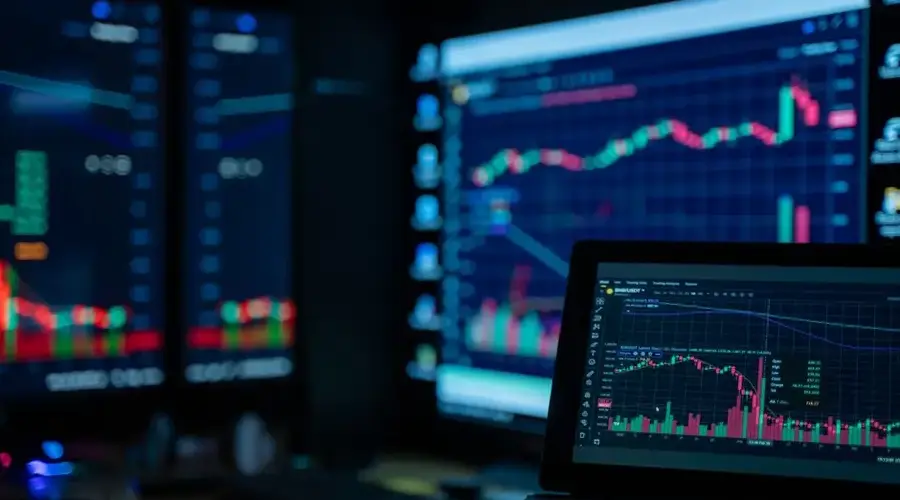 Monitors displaying stock market charts in a dimly lit room, perfect for finance and trading themes.