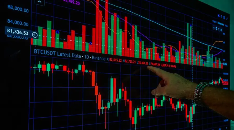 A close-up of a hand pointing at cryptocurrency charts on a monitor, indicating market analysis.