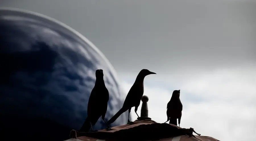 Silhouetted crows perched as a gloomy sky looms in the background, creating dramatic contrast.