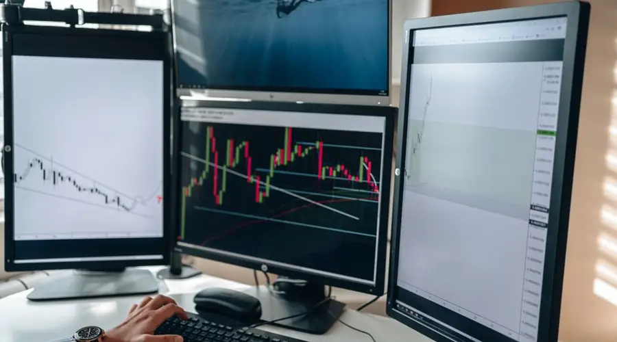 A multi-monitor stock trading setup showcasing charts and data analysis in a home office setting.