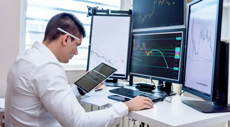 Professional analyzing stock market graphs on multiple monitors at work desk.