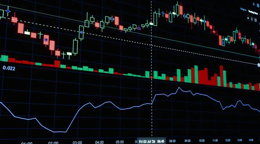 Close-up of stock market candlestick chart showcasing financial data trends.