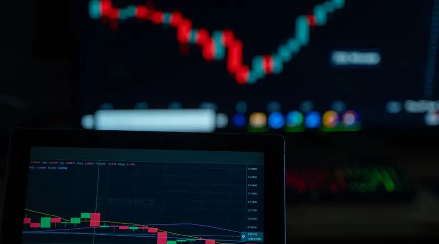 Close-up of cryptocurrency market charts on multiple screens showcasing trading data and trends.
