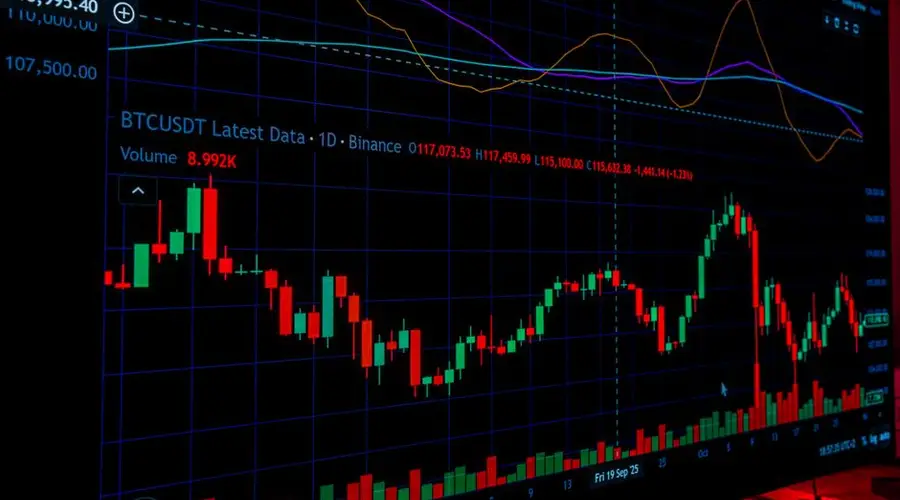 Detailed view of a cryptocurrency market graph displaying technical analysis data on a screen.
