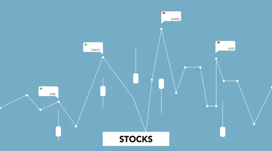 Decorative cardboard appliques of curved diagram with numbers showing stock profit on blue background
