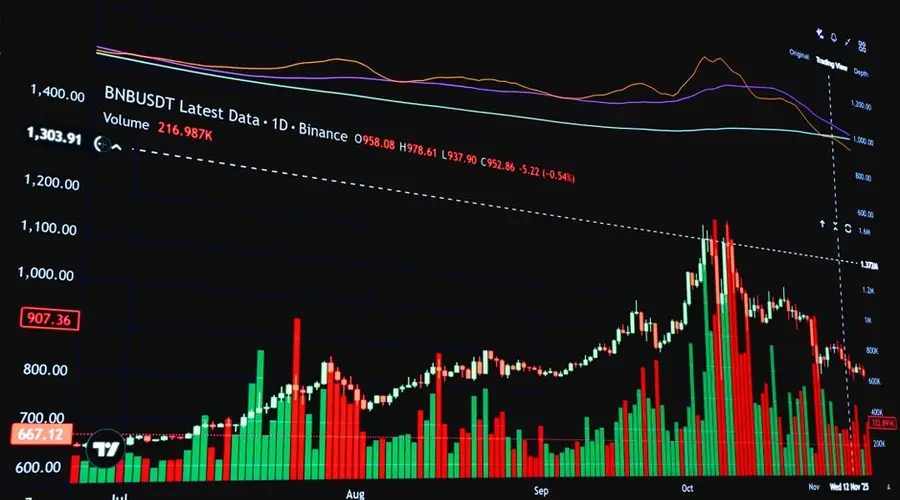 Close-up of a cryptocurrency market graph focusing on BNB price and volume trends over time.