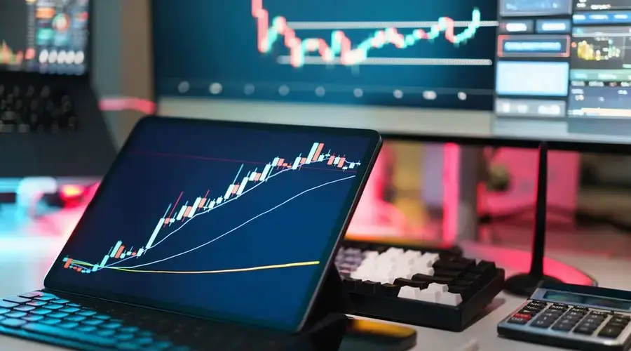 A comprehensive setup featuring digital trading platforms with charts and graphs for financial analysis.