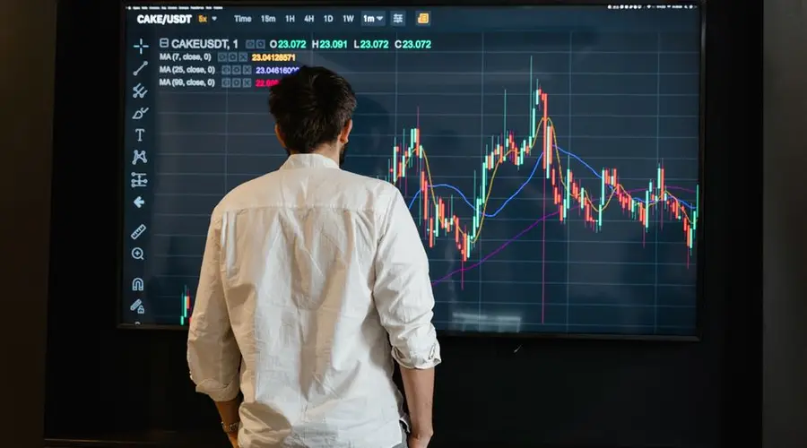 Detailed financial trading screen with colorful charts and data representing market fluctuations.
