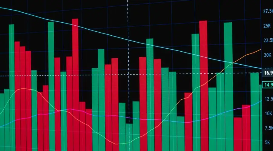 Detailed financial trading screen with colorful charts and data representing market fluctuations.