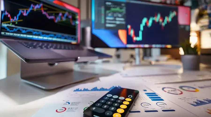 Modern workspace showcasing financial analysis with digital charts and reports.