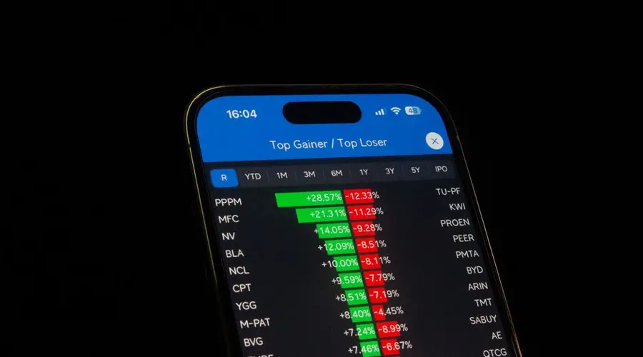 Close-up of a smartphone showing stock performance in a trading app. Ideal for financial and business themes.