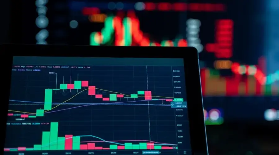 Close-up view of digital trading chart screen with vibrant graphs and data analysis.