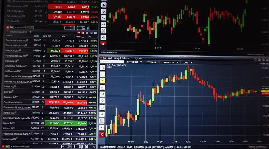 Detailed financial trading screen with colorful charts and data representing market fluctuations.