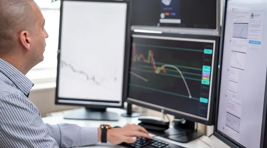 Stock trader analyzing financial graphs on multiple computer monitors in an office setting.
