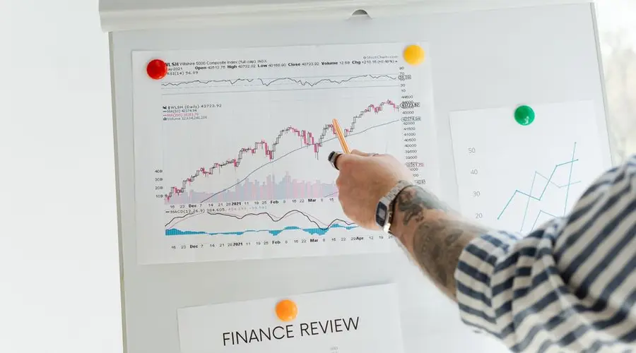 A tattooed person pointing at finance charts and graphs on a whiteboard.