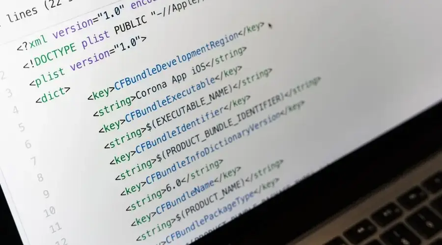 Detailed view of XML coding on a computer screen, showcasing software development.