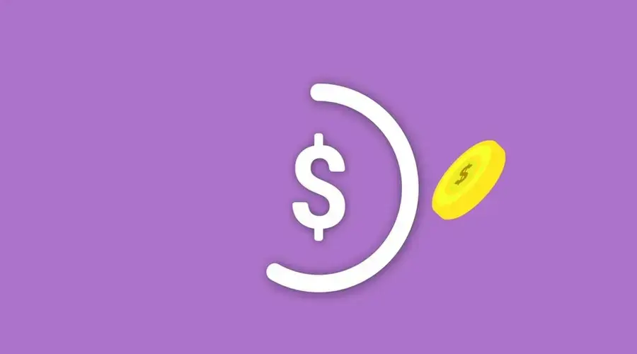 Decorative cardboard illustration of dollar and loading wheel symbols during financial transaction on violet background