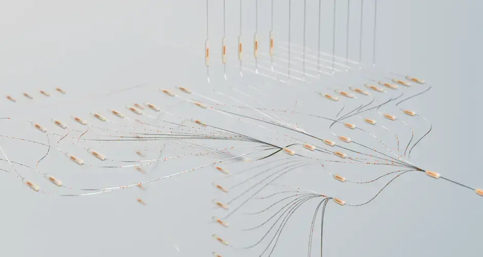 Elegant 3D visualization of neural networks showcasing abstract connections in a digital space.