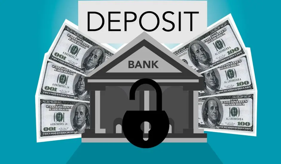 Decorative cardboard illustration of lock on bank with American paper money under Deposit inscription on blue background