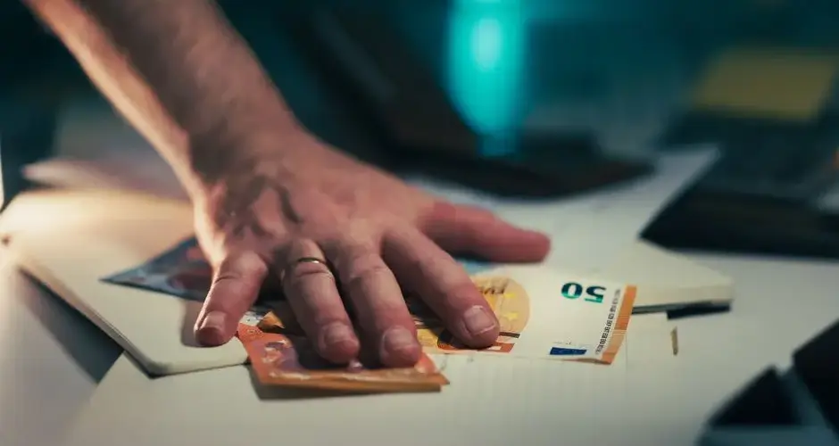 Close-up of a hand grabbing euro bills from a cluttered desk, symbolizing finance or financial crisis.