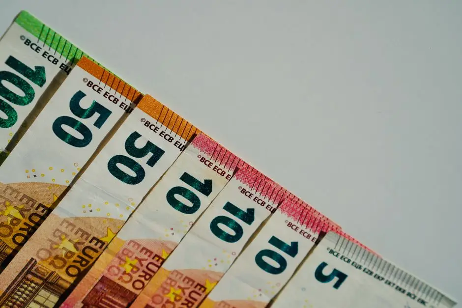 Close-up of various euro banknotes in different values on a plain background.