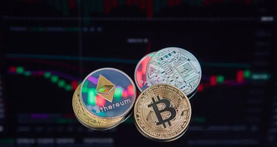 Floating Bitcoin and Ethereum coins with a market trend chart in the background symbolizing digital finance.