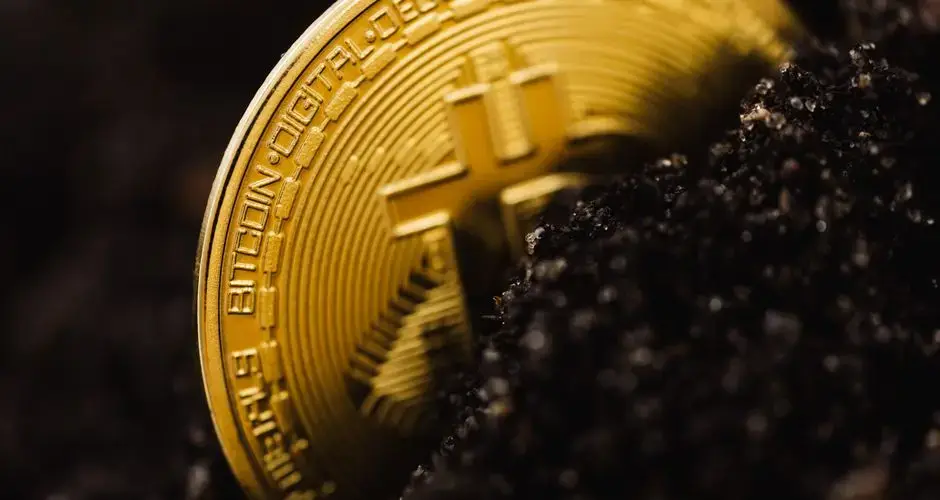 A close-up shot of a Bitcoin partially buried in soil, symbolizing digital currency growth.