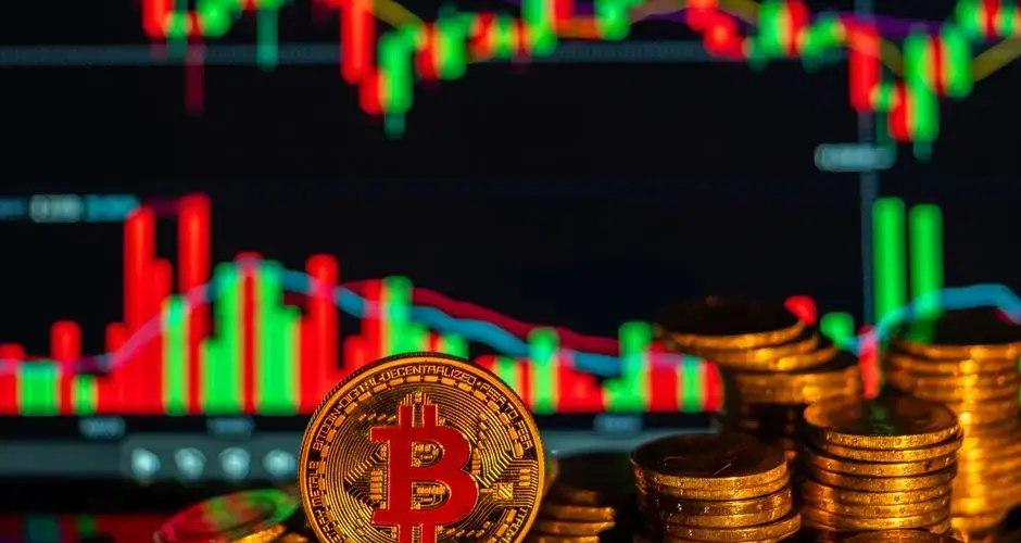 Golden Bitcoin with financial growth graphs, showcasing cryptocurrency market trends.