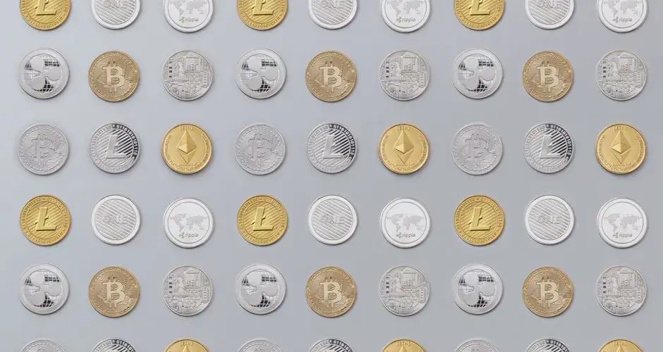 A seamless pattern of various cryptocurrency coins in gold and silver tones.