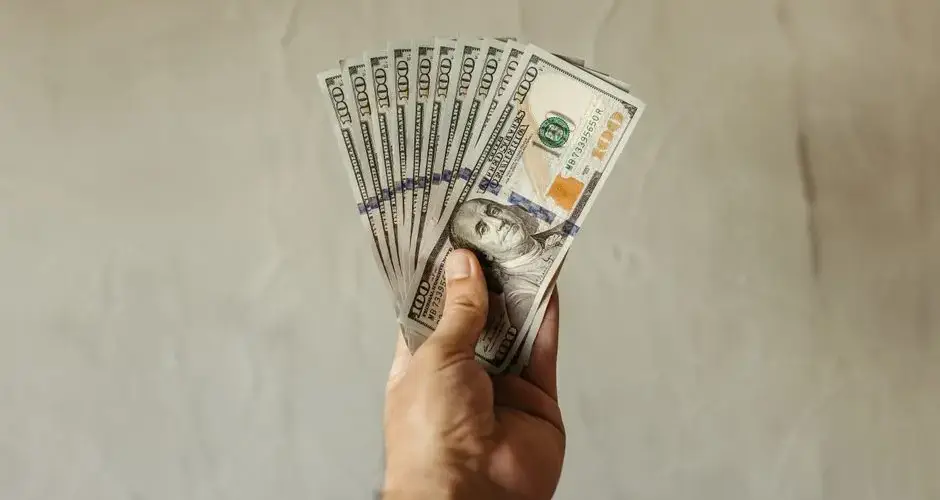 A close-up of a hand holding multiple US dollar bills, showcasing wealth and finance concepts.