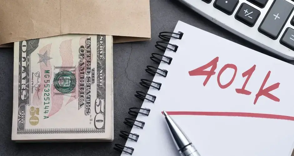 A desk setup with a notebook labeled '401k', a pen, cash, and a calculator representing financial planning.