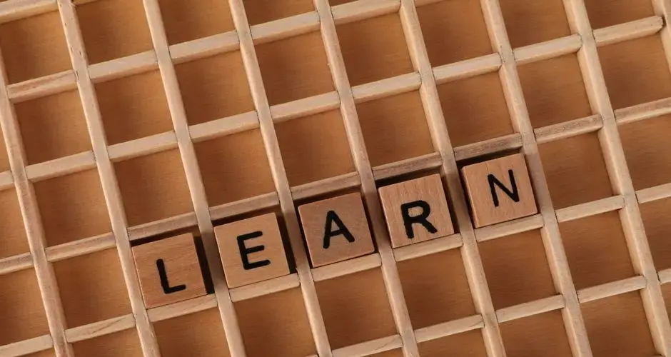 Wooden letter blocks spelling 'Learn' placed on a wooden grid background.
