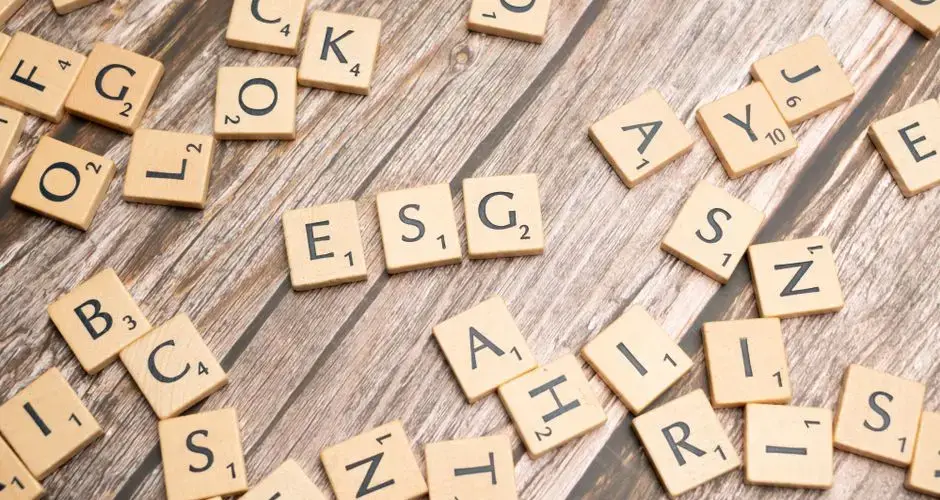 Wooden letter tiles spell ESG on a rustic wooden surface, emphasizing sustainability.