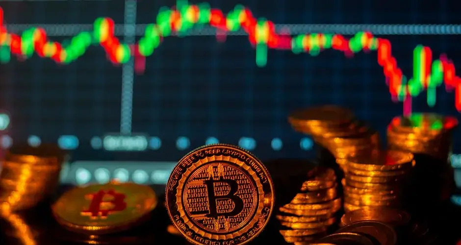 Golden bitcoins in front of candlestick financial growth chart, representing cryptocurrency investment.